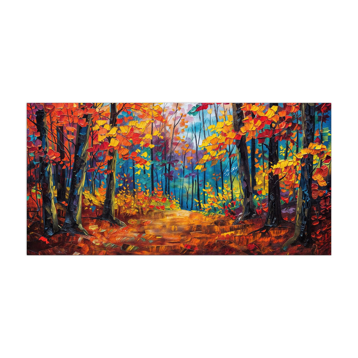 Küchenrückwand aus Glas Gemalter Herbstwald im Hochformat, Motiv bildfüllend von vorn