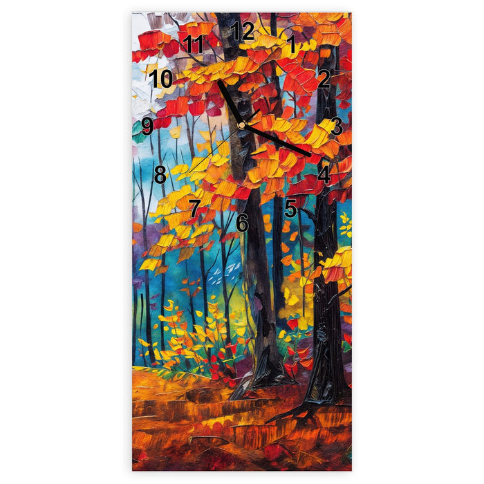 Wanduhr Herbstwald Pfad aus Glas – Hochformat 30 × 60 cm mit Ziffernblatt Modern