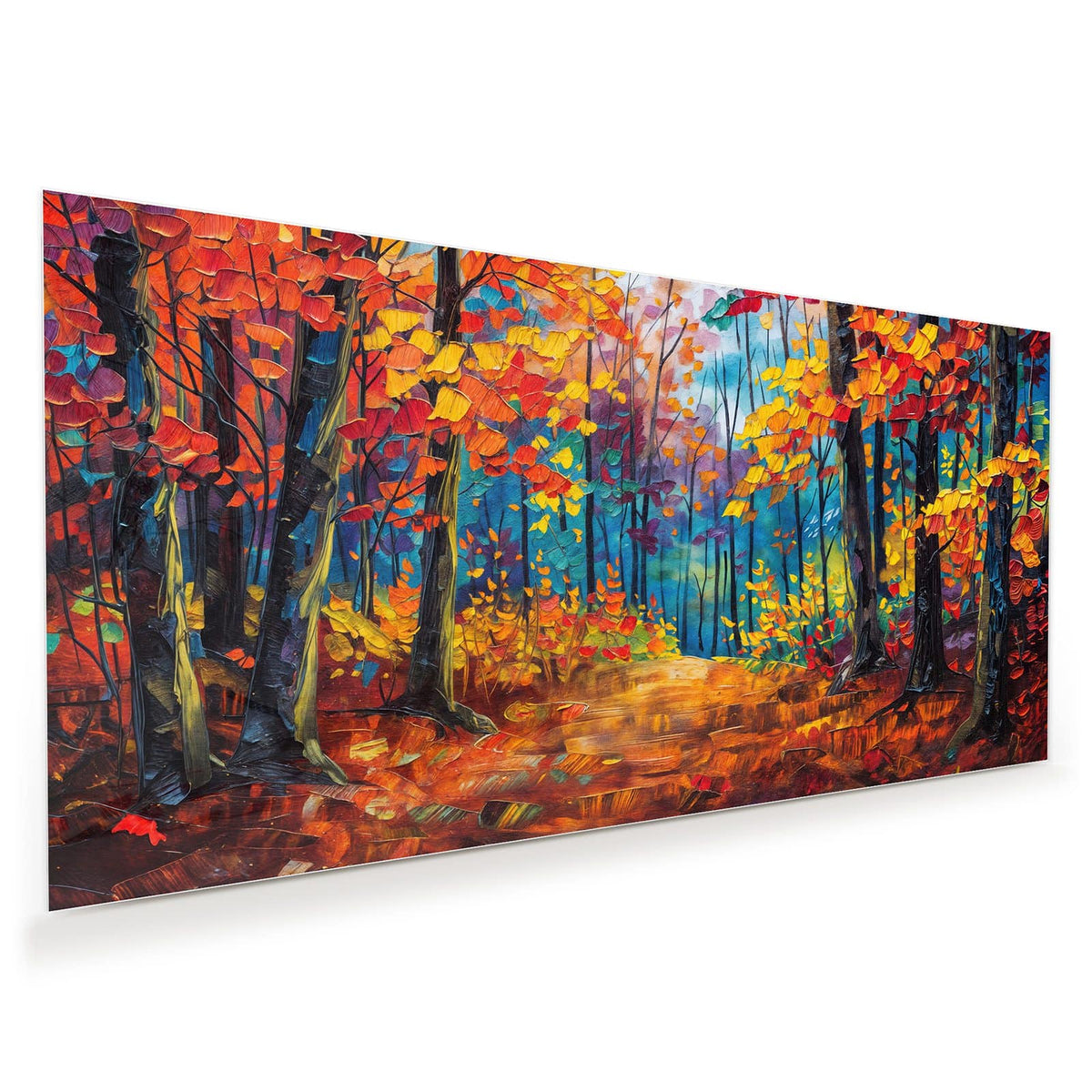 Impressionistisches Spachtelbild: Weg durch einen Herbstwald in Orange, Rot und Blau