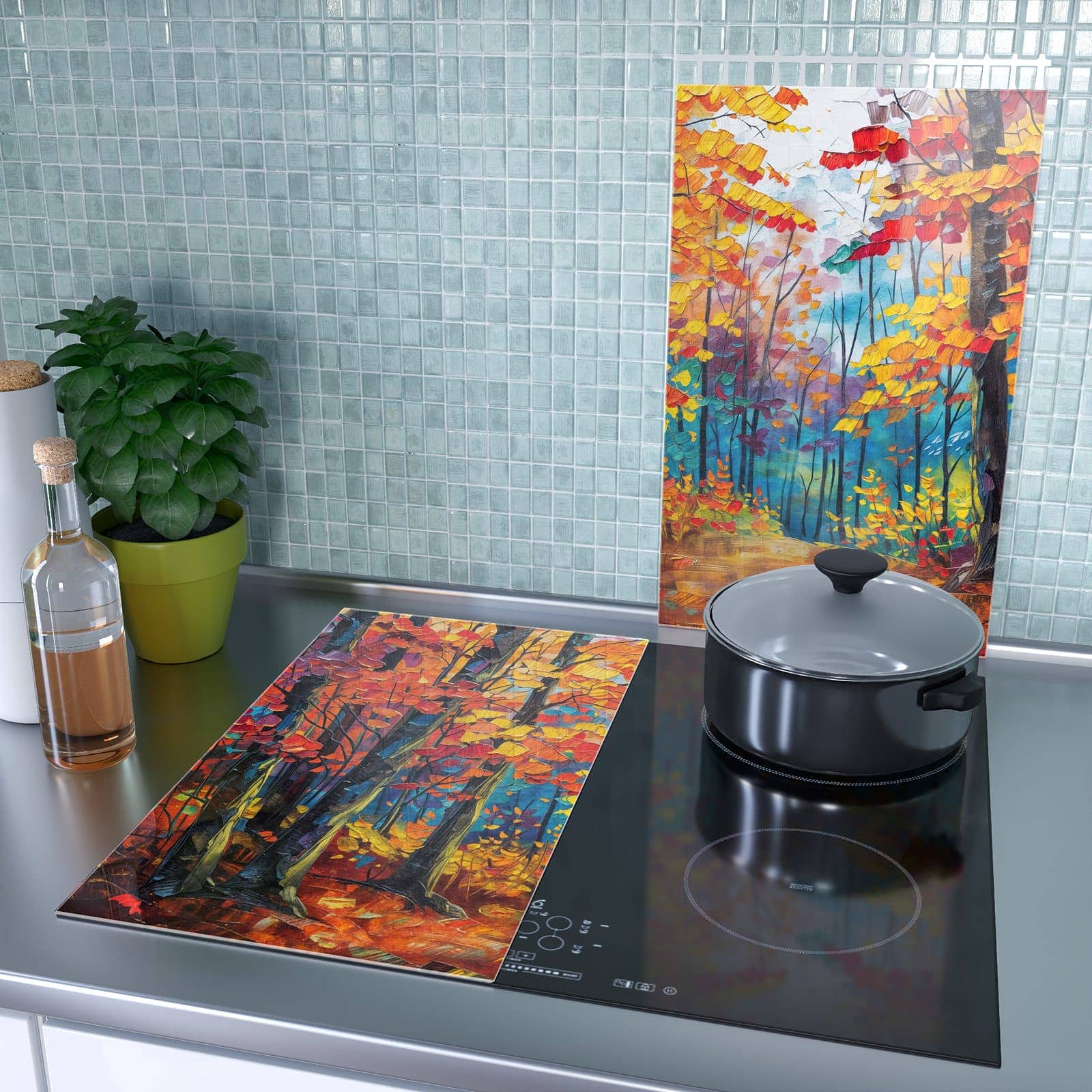 2-teilige Abdeckplatte Induktionsherd mit Herbstwald Pfad-Motiv als Spritzschutz hinter dem Kochfeld