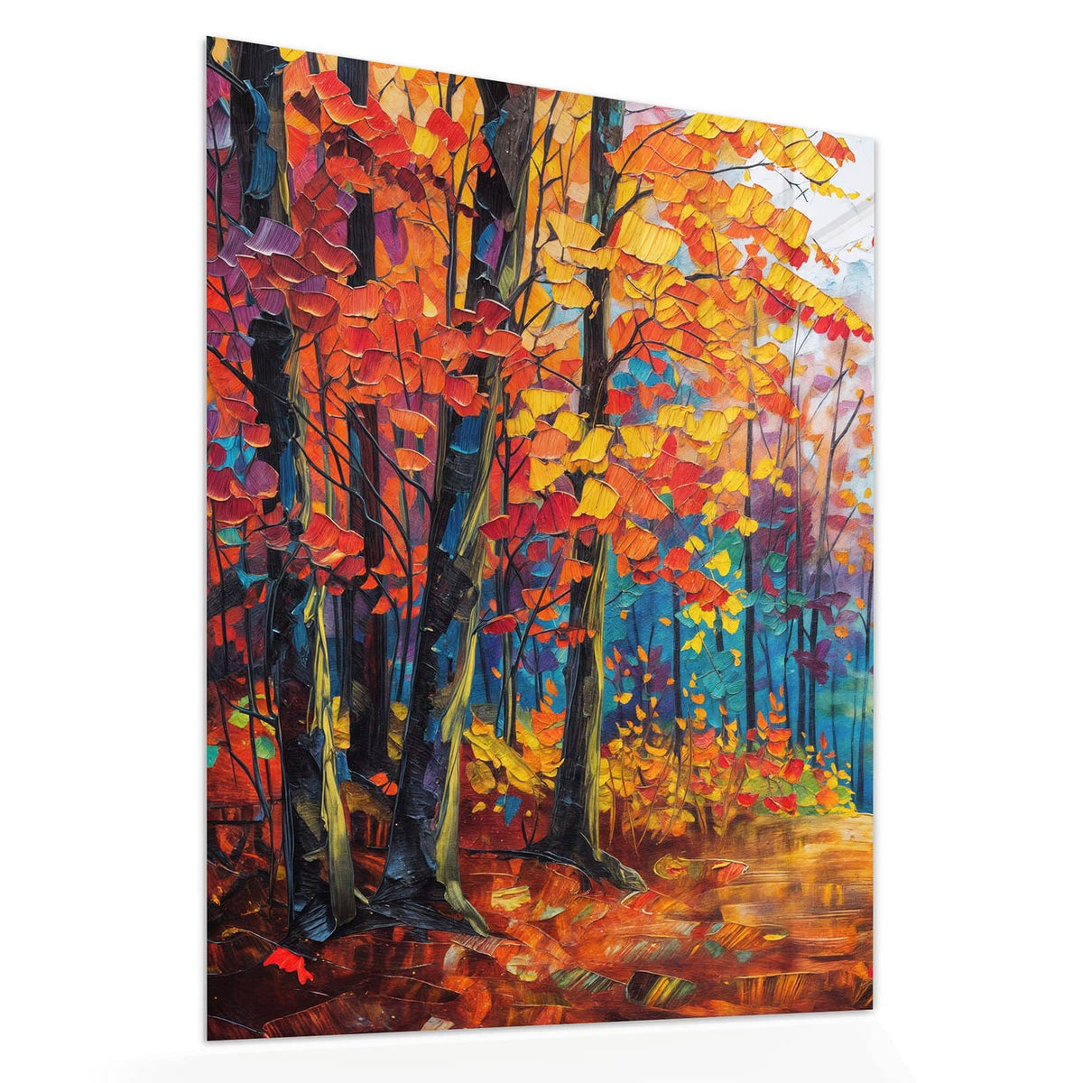 Echtglas, 4 mm – kein Acryl, keine Folie – Wandbild - Gemalter Herbstwald - Hochformat