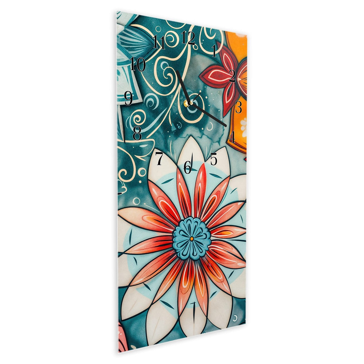 Vormontiert – mit Schwebeeffekt – Wanduhr Blumenmuster Mandala aus Glas – Hochformat 30 × 60 cm