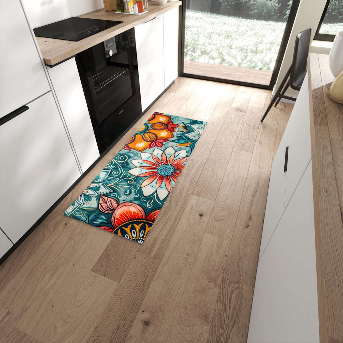 Pflegeleichter Küchenläufer mit Motiv Blumenmuster Mandala in moderner Küche #grösse_60 x 150 cm