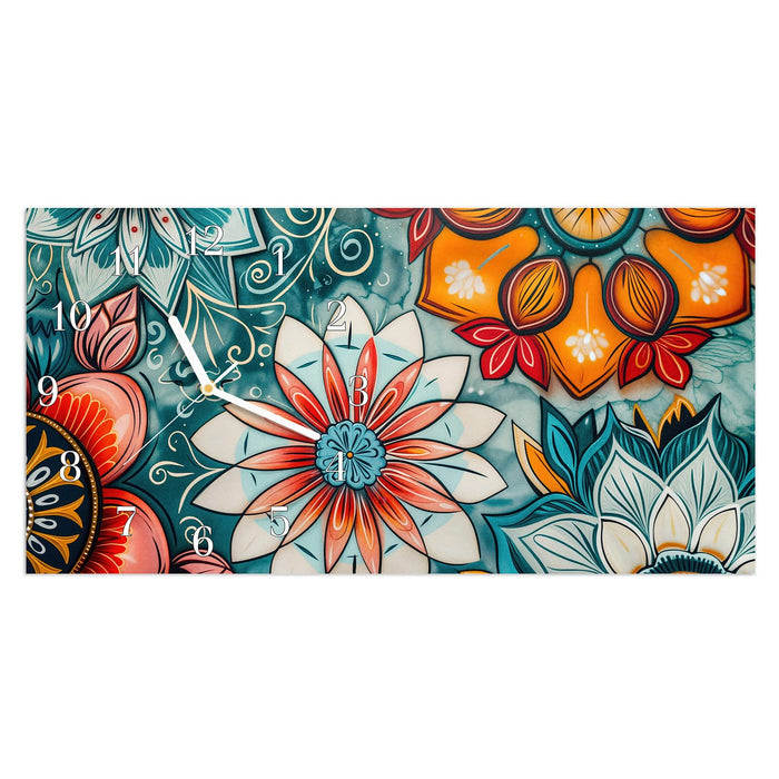 Wanduhr Blumenmuster Mandala aus Glas – Querformat 60 × 30 cm mit Ziffernblatt Klassisch