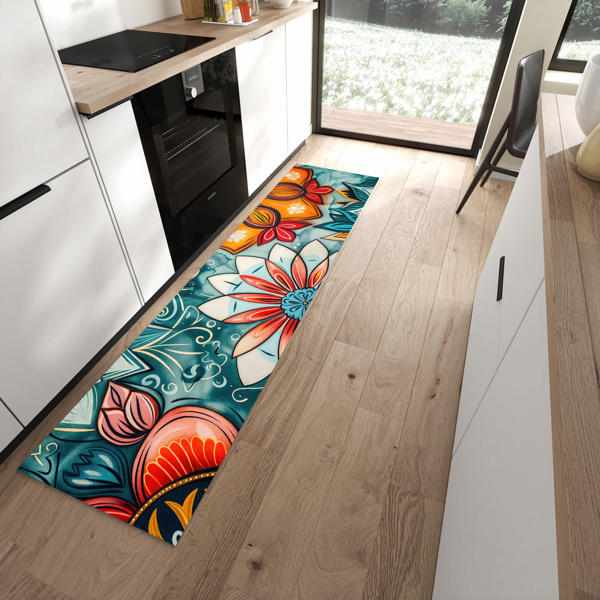 Hygienischer Küchenteppich mit Motiv Blumenmuster Mandala in moderner Küche