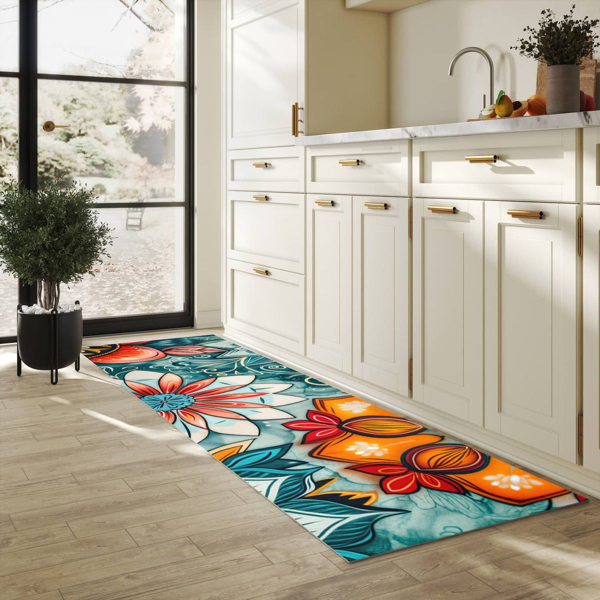 Zeitsparender Läufer Küche mit Motiv Blumenmuster Mandala in heller Küche