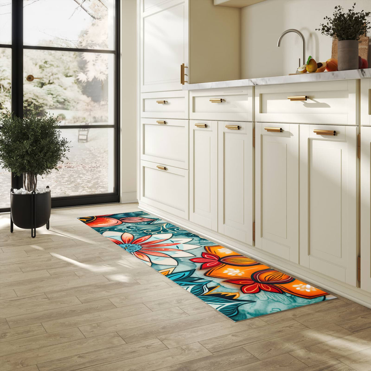 Bodenschonender Küchenteppich mit Motiv Blumenmuster Mandala in heller Küche