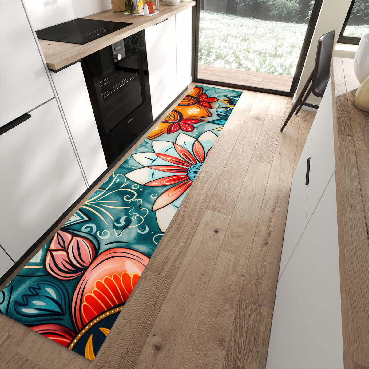 Waschbarer Küchenteppich mit Motiv Blumenmuster Mandala in moderner Küche