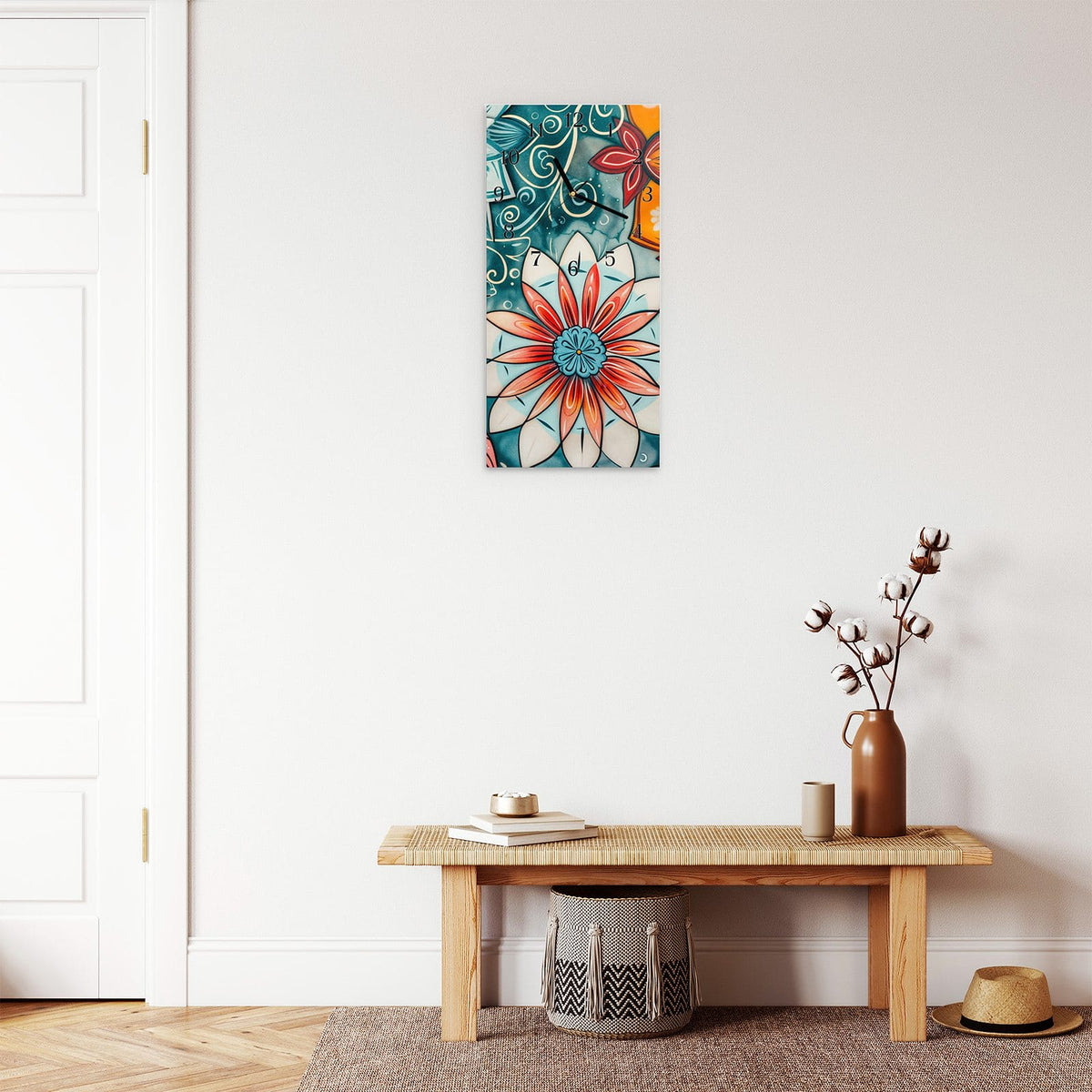 Moderne Wanduhr aus Glas mit Farbtiefe – Wanduhr Blumenmuster Mandala aus Glas – Hochformat 30 × 60 cm
