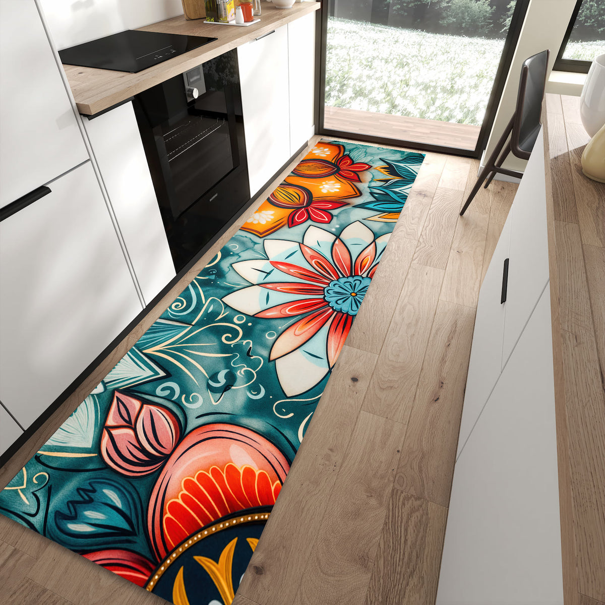 Waschbarer Küchenläufer mit Motiv Blumenmuster Mandala für Ordnung in moderner Küche