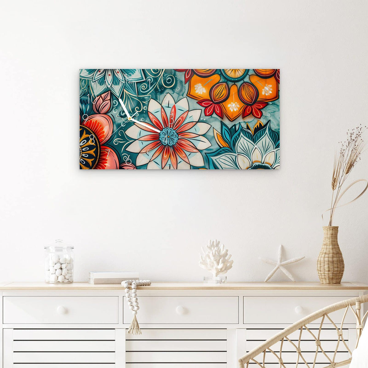 Wanduhr Blumenmuster Mandala aus Glas – Querformat 60 × 30 cm – Kaleidoskop aus bunten Blüten