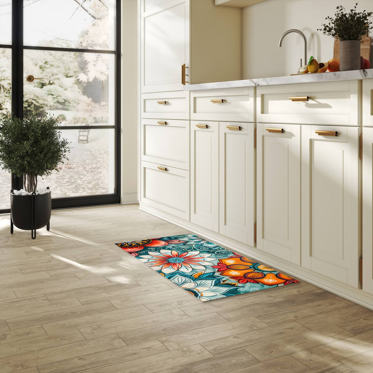 Langlebiger Küchenläufer mit Motiv Blumenmuster Mandala in heller Küche
