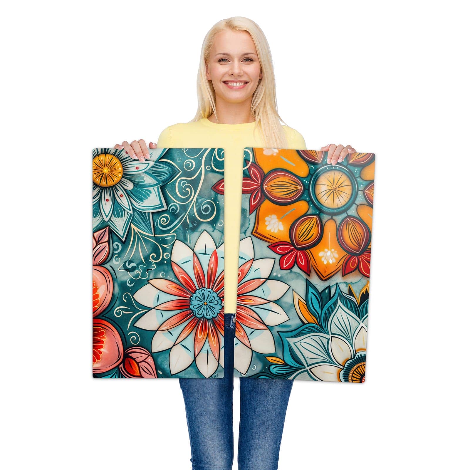 2-teilige Herdabdeckplatte aus Glas mit Blumenmuster Mandala-Motiv wird zur Größendarstellung gehalten