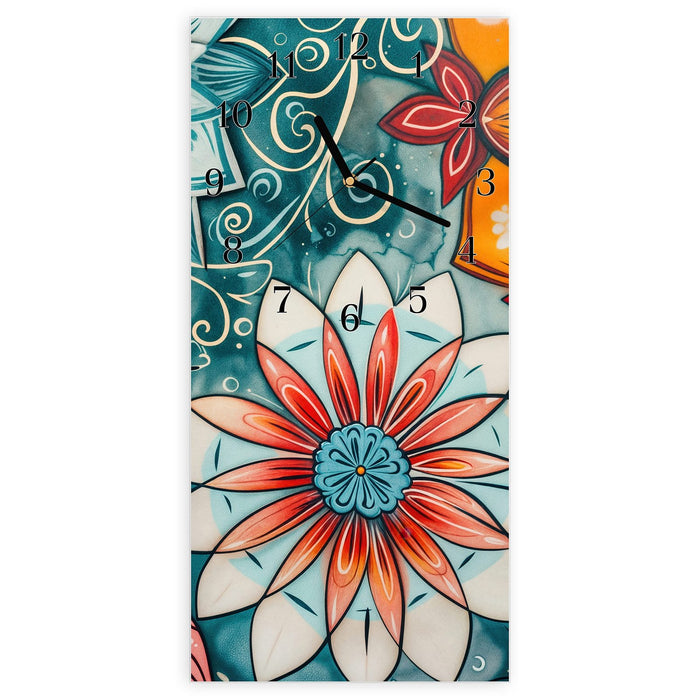 Wanduhr Blumenmuster Mandala aus Glas – Hochformat 30 × 60 cm mit Ziffernblatt Klassisch