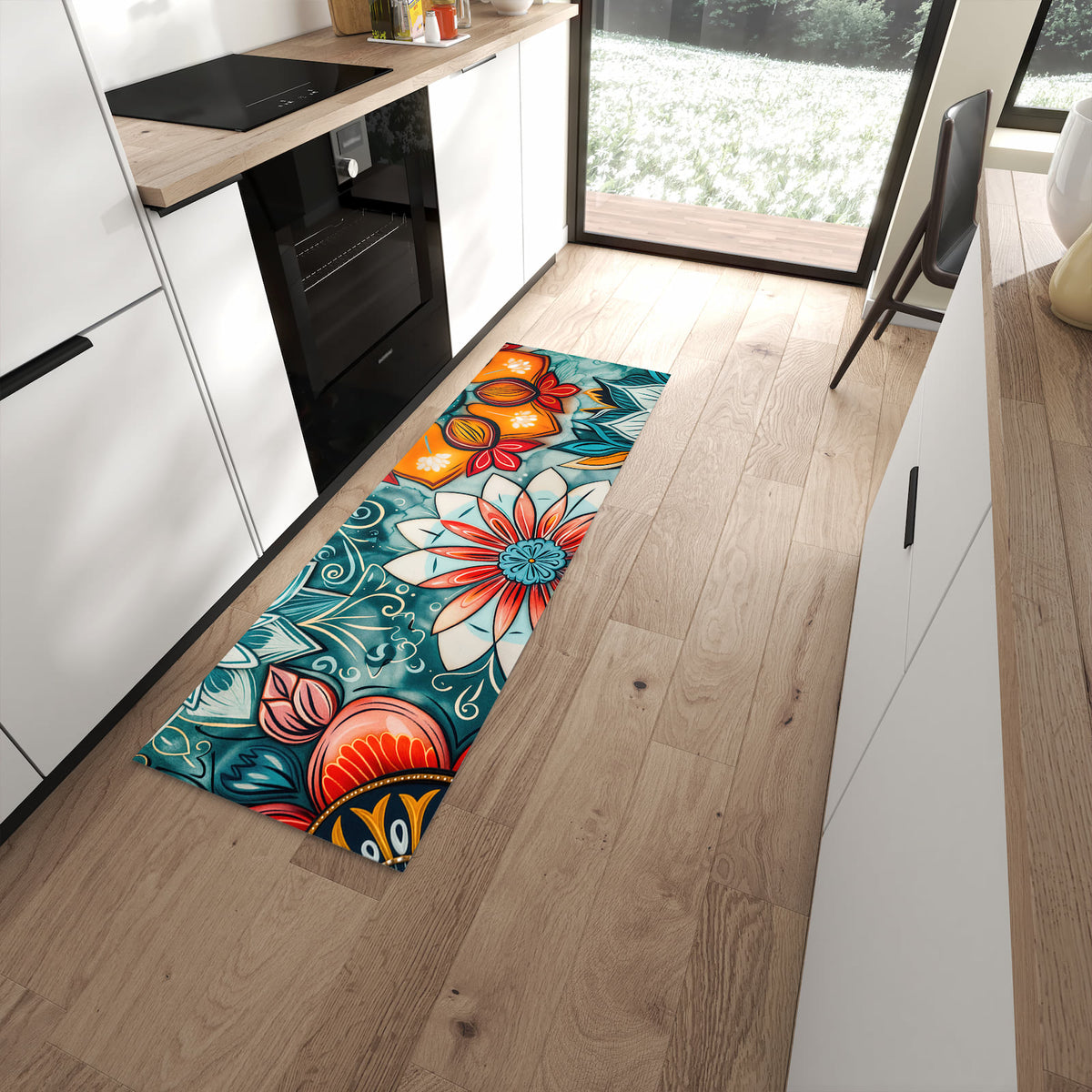 Küchenteppich mit Motiv Blumenmuster Mandala für angenehme Haptik in moderner Küche