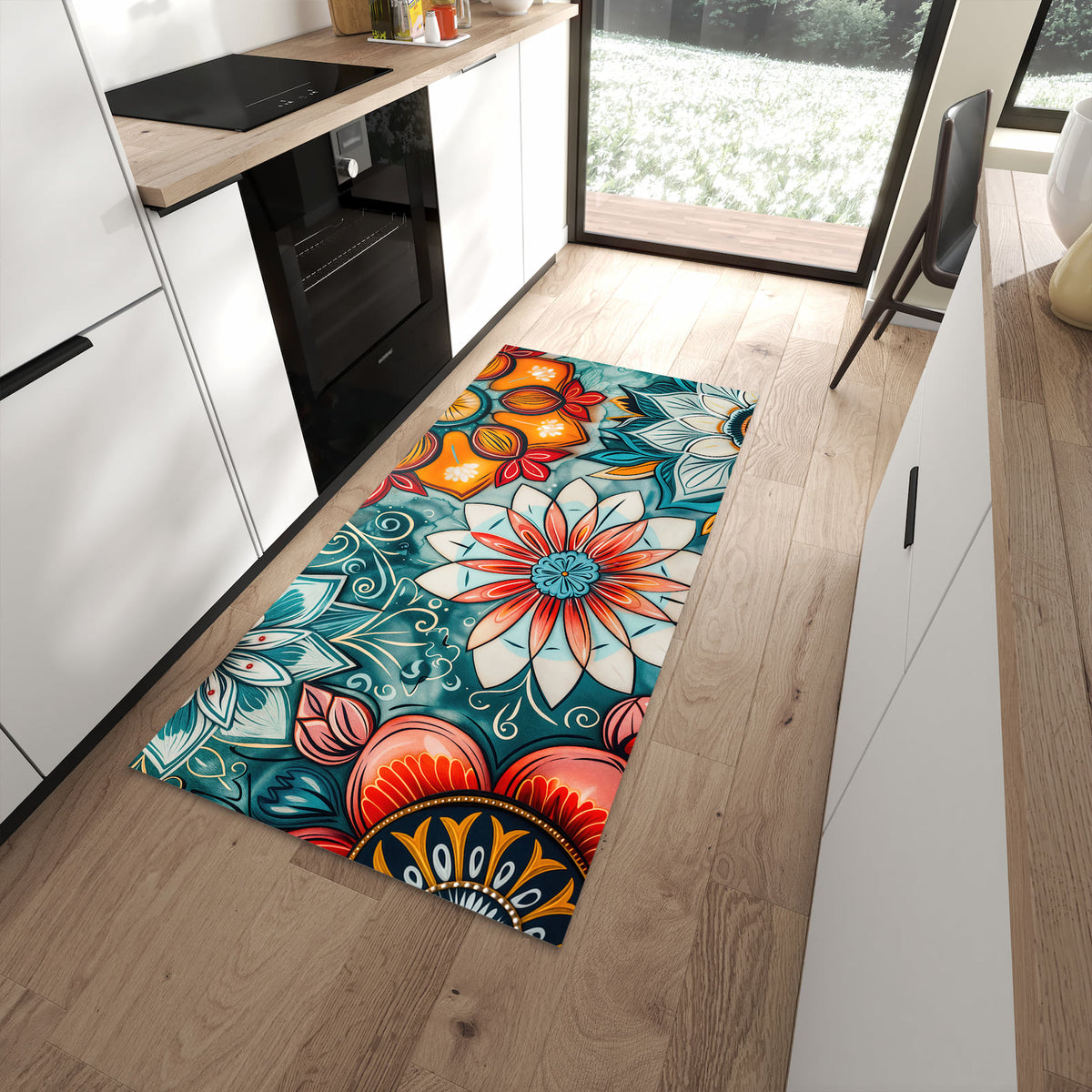 Bodenschonender langer Teppich mit Motiv Blumenmuster Mandala in moderner Küche
