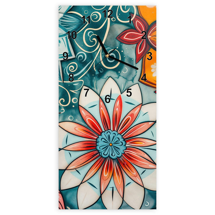 Wanduhr Blumenmuster Mandala aus Glas – Hochformat 30 × 60 cm mit Ziffernblatt Modern