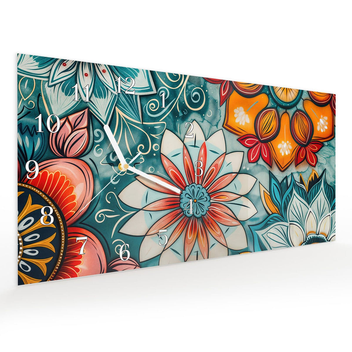 Vormontiert – mit Schwebeeffekt – Wanduhr Blumenmuster Mandala aus Glas – Querformat 60 × 30 cm