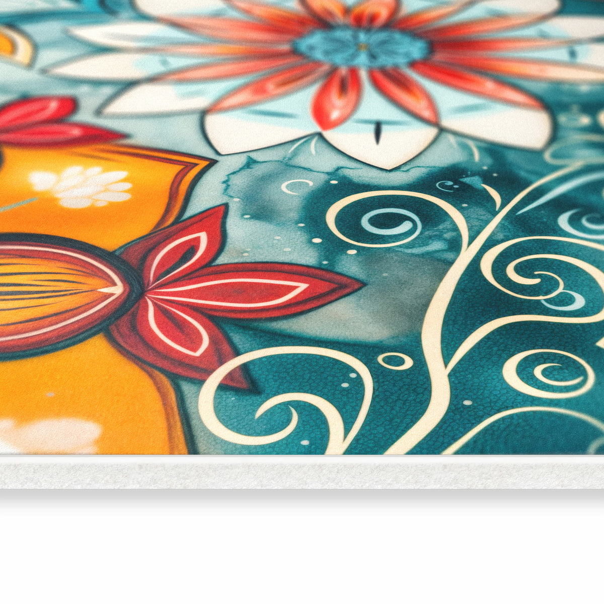 Bodenschonender Küchenteppich mit Motiv Blumenmuster Mandala in seitlicher Ansicht