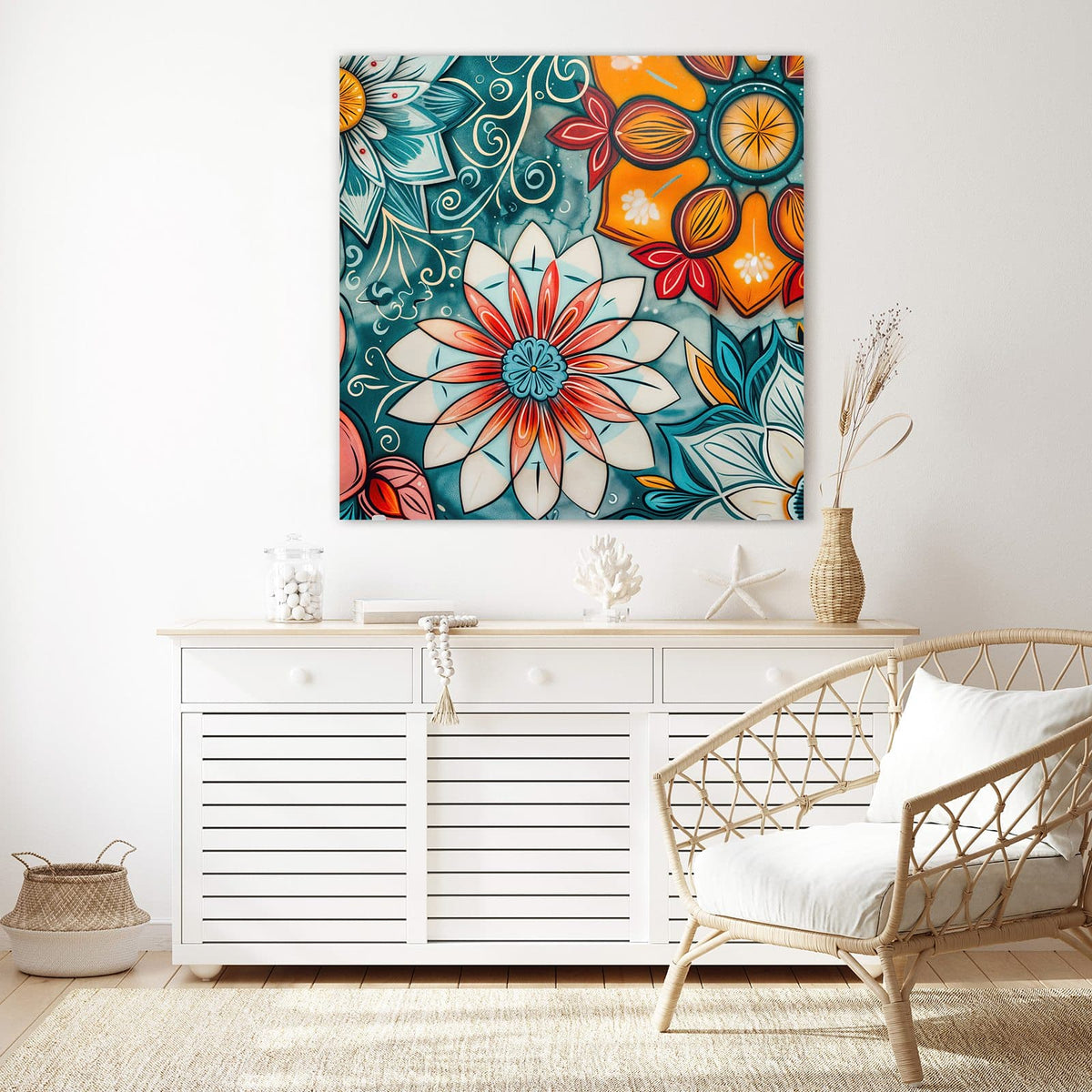 Echtglas, 4 mm – kein Acryl, keine Folie – Wandbild - Ornamente und Blüten - Quadratisch