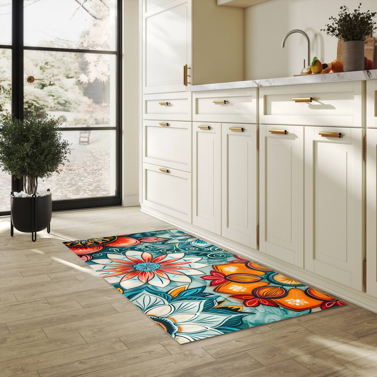 Abriebfester Küchenläufer mit Motiv Blumenmuster Mandala in heller Küche