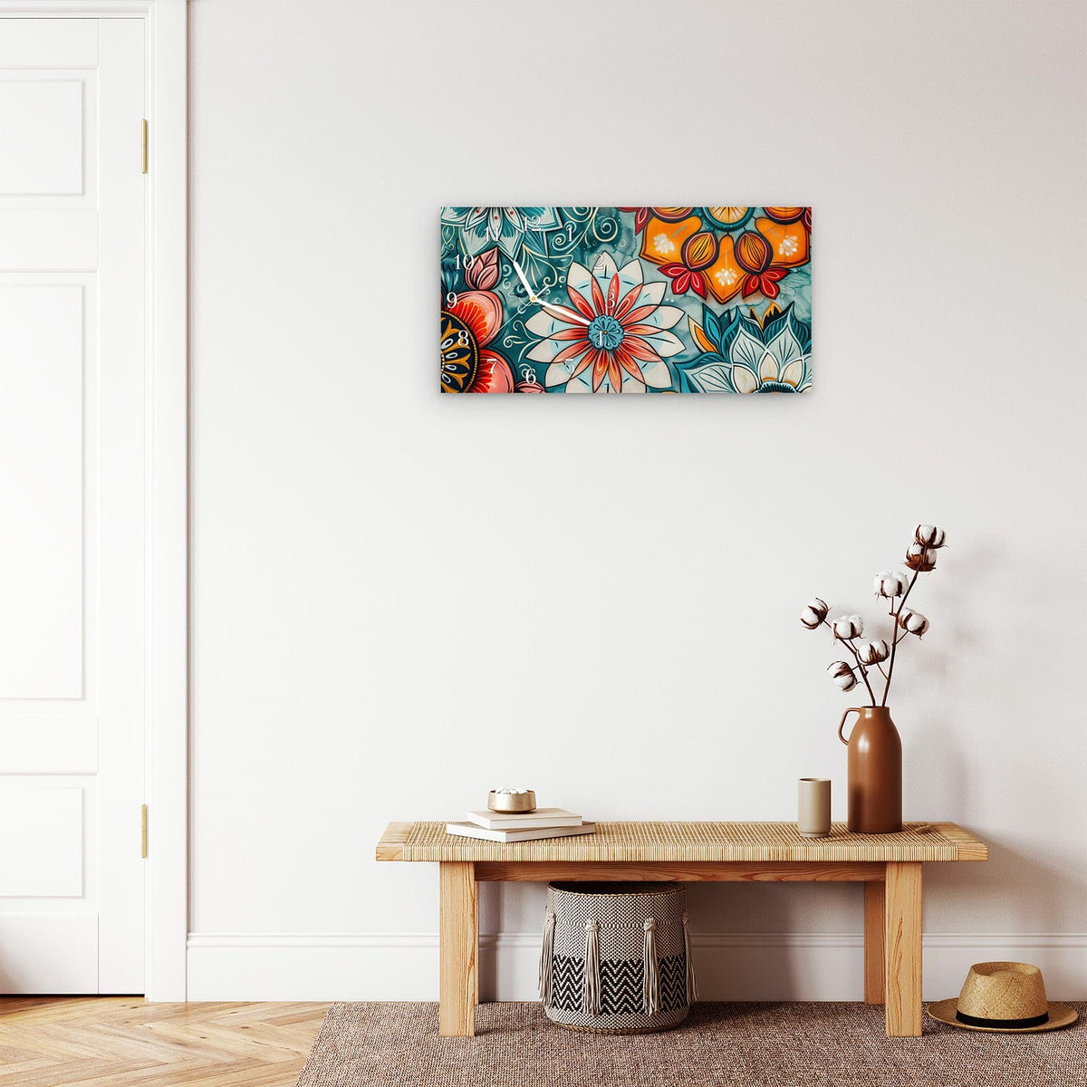 Moderne Wanduhr aus Glas mit Farbtiefe – Wanduhr Blumenmuster Mandala aus Glas – Querformat 60 × 30 cm