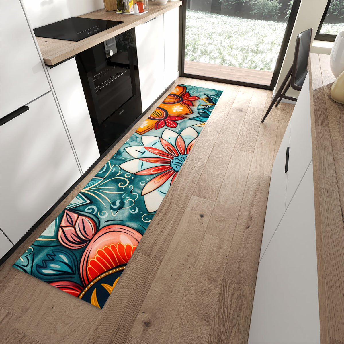 Strapazierfähiger Küchenvorleger mit Motiv Blumenmuster Mandala in moderner Küche