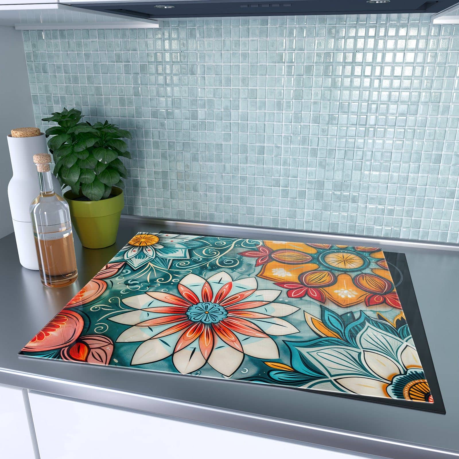 1-teilige Herdabdeckplatte mit Blumenmuster Mandala-Motiv auf dem Ceranfeld