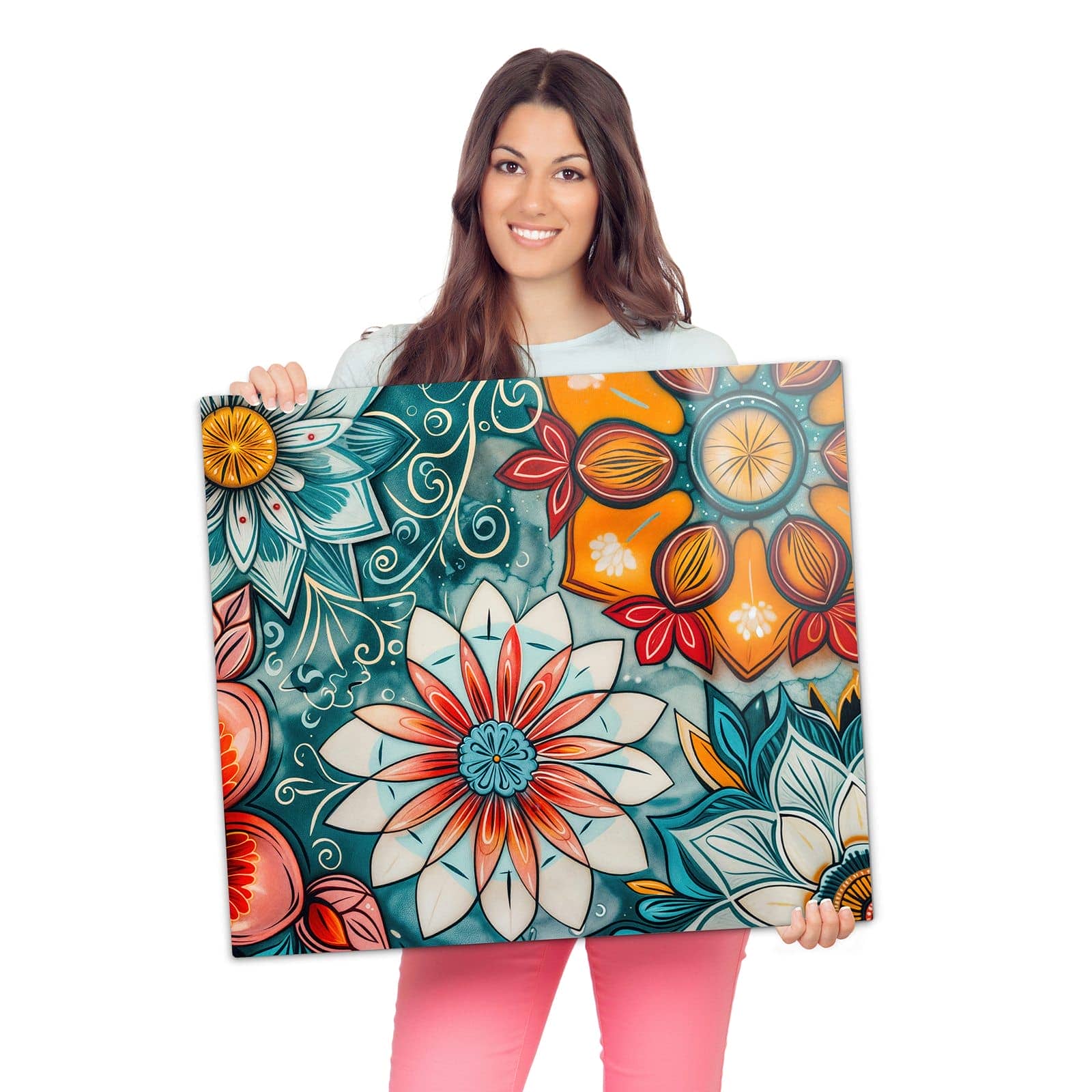 Herdabdeckplatte mit Blumenmuster Mandala-Motiv wird zur Größendarstellung gehalten