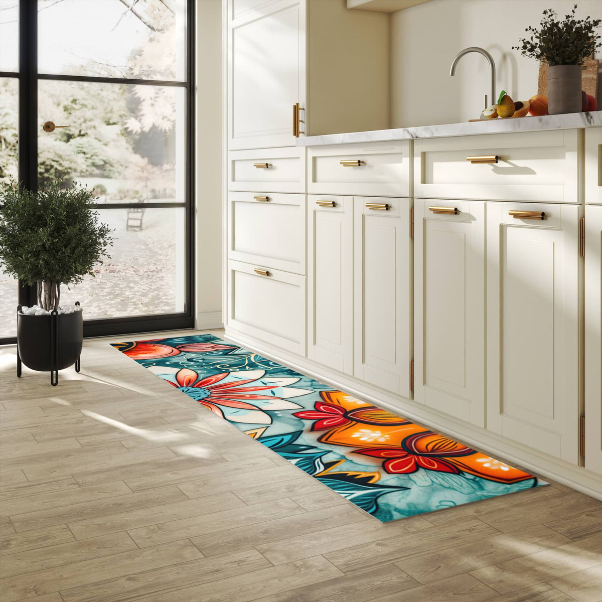 Küchenteppich mit Motiv Blumenmuster Mandala für Ordnung in heller Küche