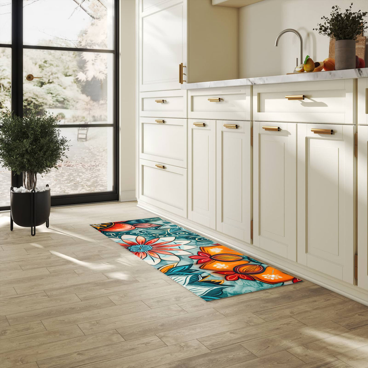 Feuchtigkeitsresistenter Teppich für Küche mit Motiv Blumenmuster Mandala in heller Küche