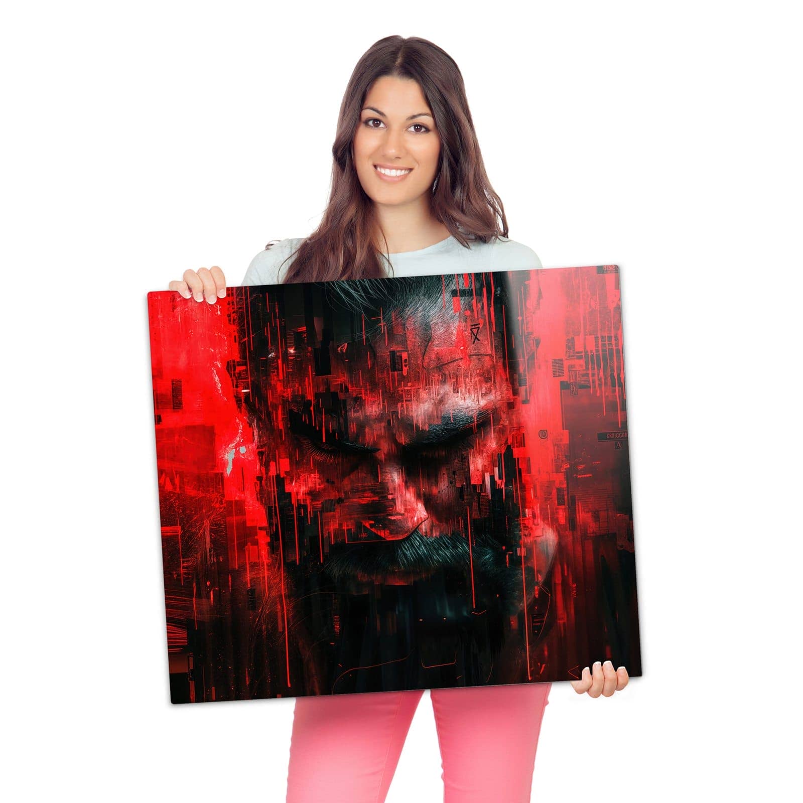 Herdabdeckplatte mit Abstrakte Digital Kunst-Motiv wird zur Größendarstellung gehalten