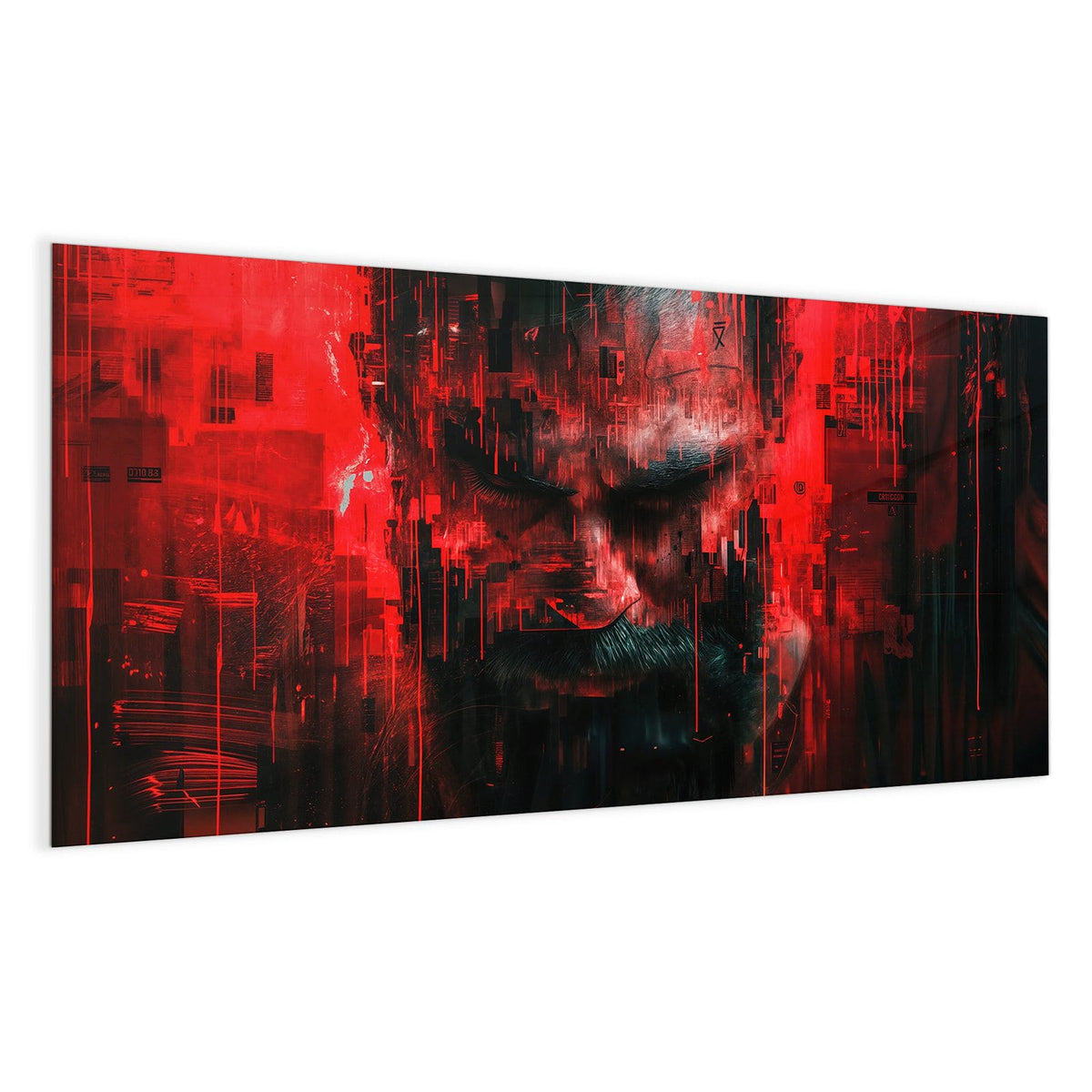 Männergesicht in Rot und Schwarz, von Glitch- und Pixelstörungen zerrissen