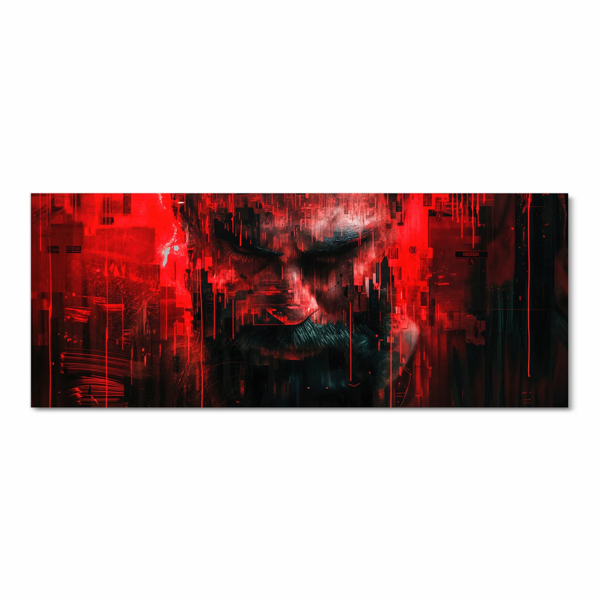 Männergesicht in Rot und Schwarz, von Glitch- und Pixelstörungen zerrissen