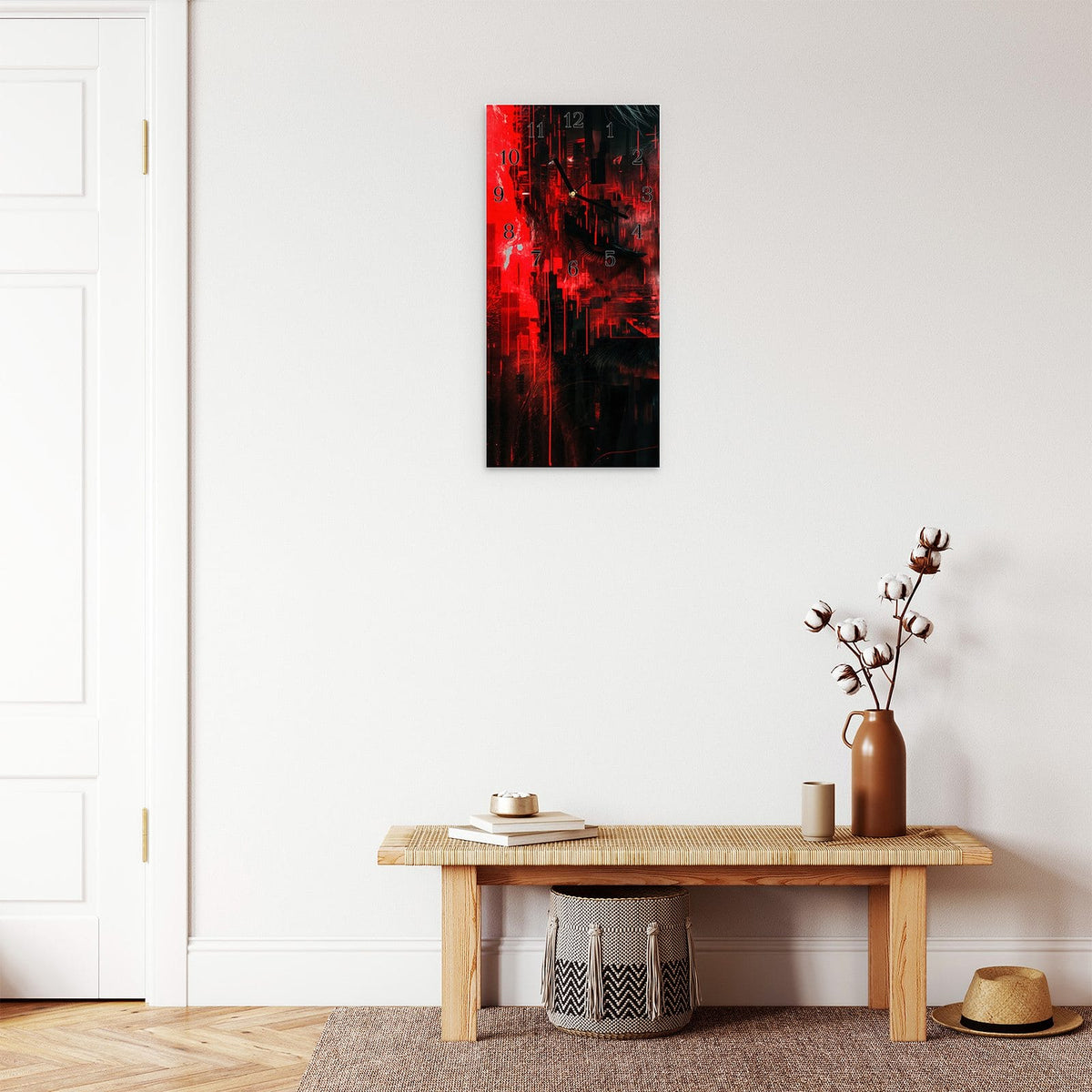 Moderne Wanduhr aus Glas mit Farbtiefe – Wanduhr Abstrakte Digital Kunst aus Glas – Hochformat 30 × 60 cm