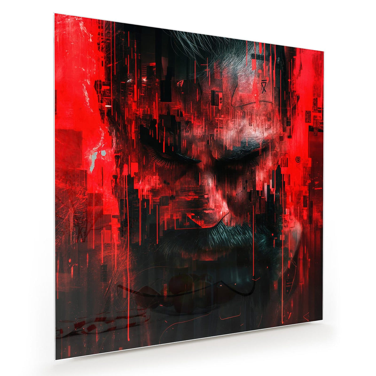 Männergesicht in Rot und Schwarz, von Glitch- und Pixelstörungen zerrissen