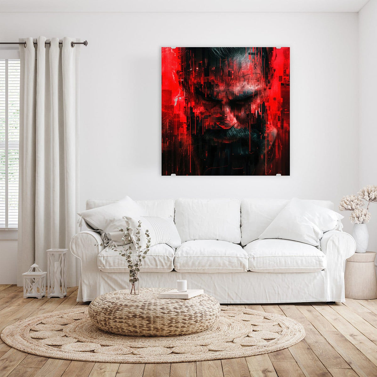 Glasbild Porträt in Rot an der Wand – Männergesicht in Rot und Schwarz, von Glitch- und Pixelstörungen zerrissen