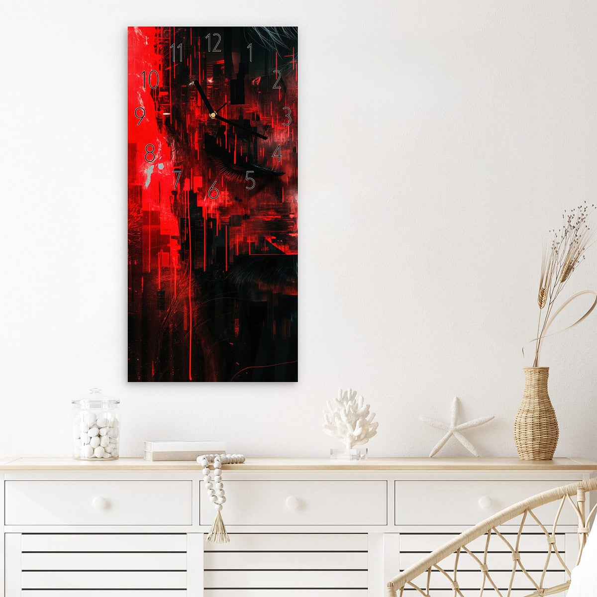 Wanduhr Abstrakte Digital Kunst aus Glas – Hochformat 30 × 60 cm – Intensiver Blick in Rot