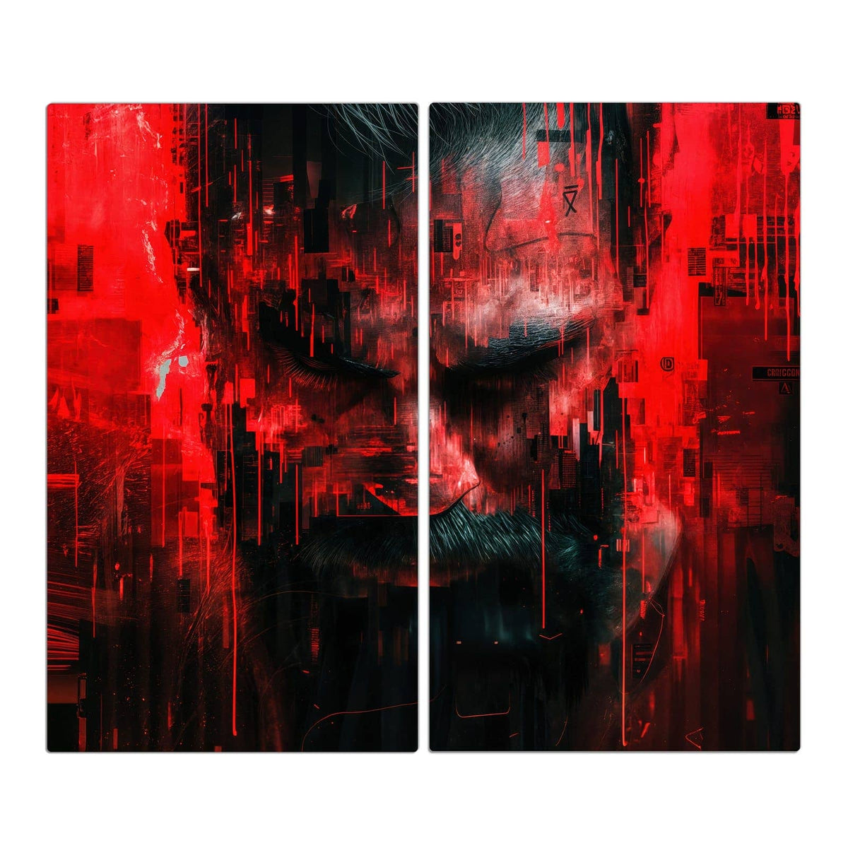 Männergesicht in Rot und Schwarz, von Glitch- und Pixelstörungen zerrissen