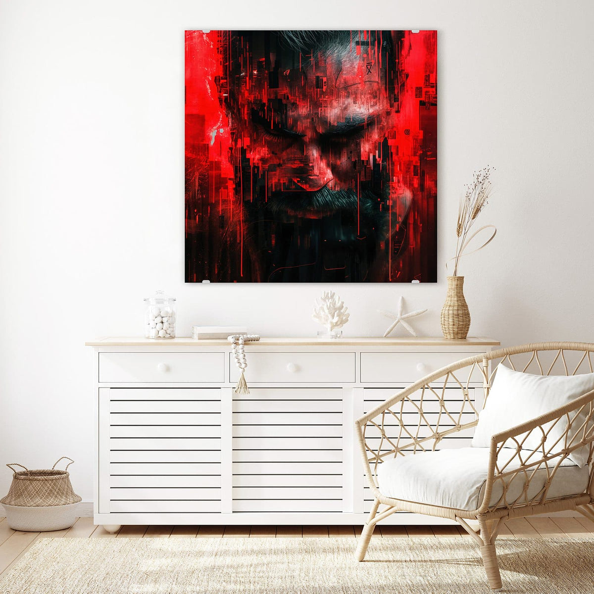 Glasbild Porträt in Rot an der Wand – Männergesicht in Rot und Schwarz, von Glitch- und Pixelstörungen zerrissen