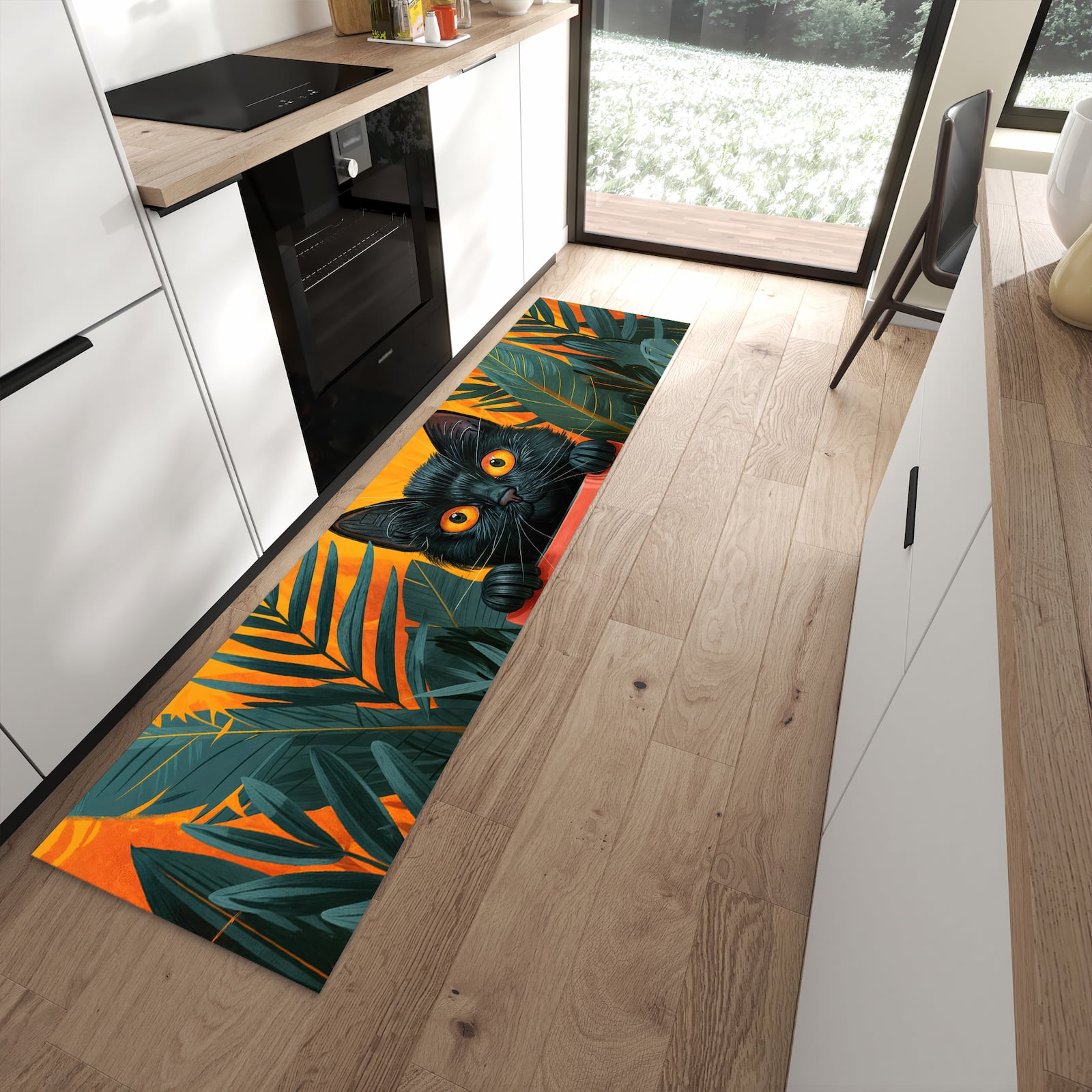 Waschbarer Küchenteppich mit Motiv Katze im Dschungel in moderner Küche