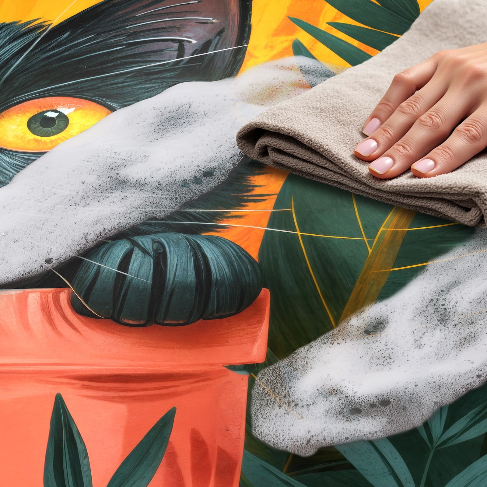 Waschbarer Küchenteppich mit Motiv Katze im Dschungel - einfach zu reinigen