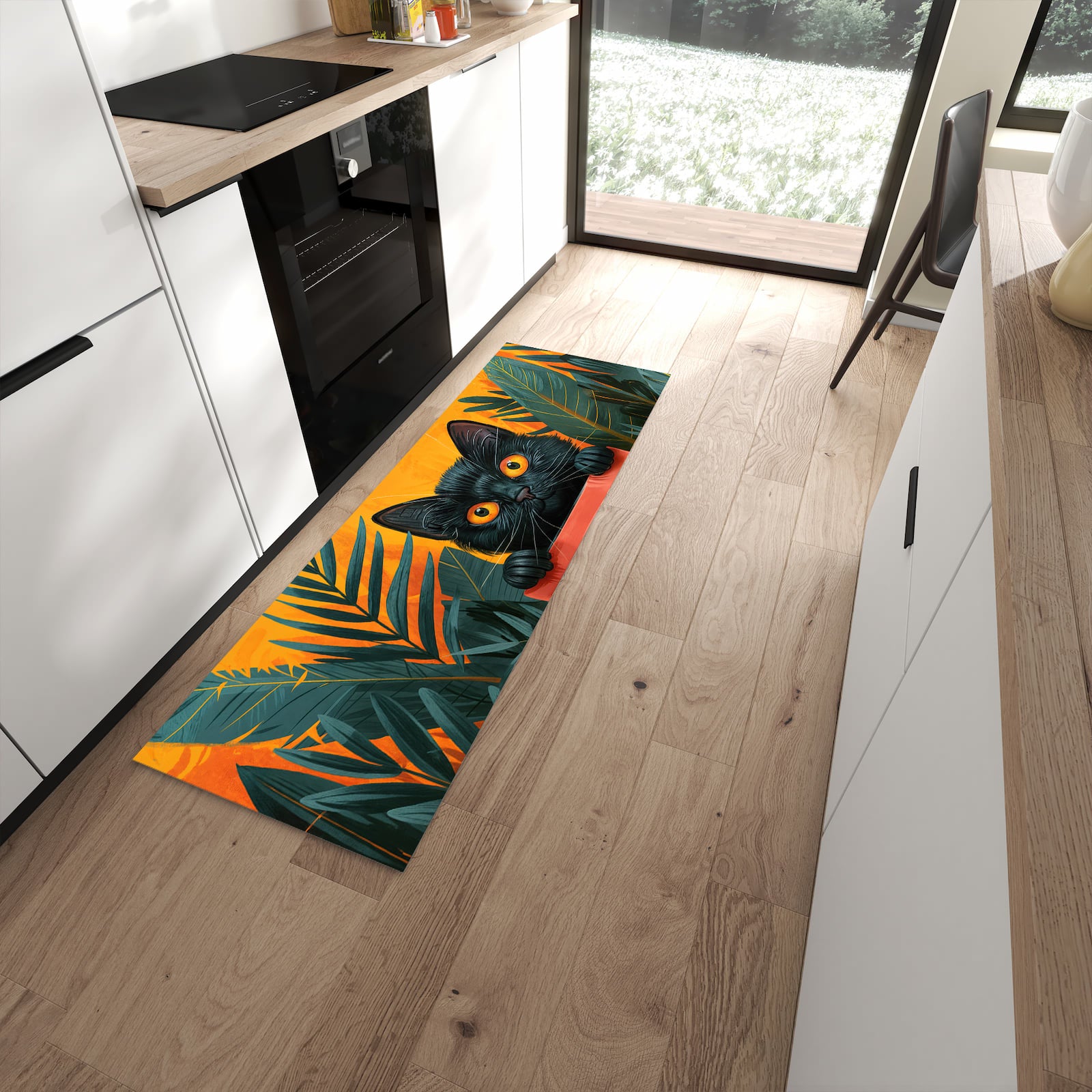 Strapazierfähiger rutschfester Küchenteppich mit Motiv Katze im Dschungel in moderner Küche