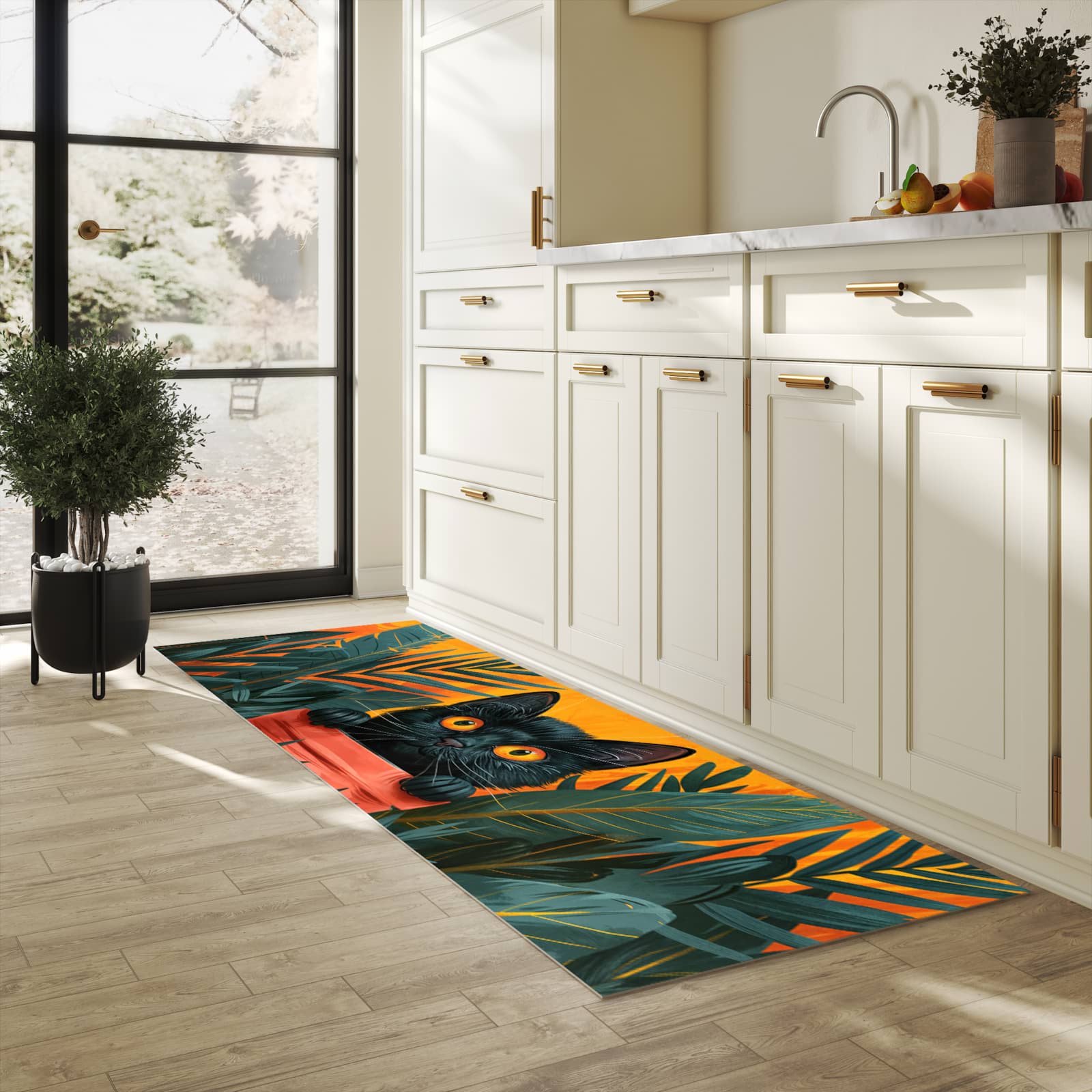 Geräuschdämpfender waschbarer Küchenteppich mit Motiv Katze im Dschungel in heller Küche