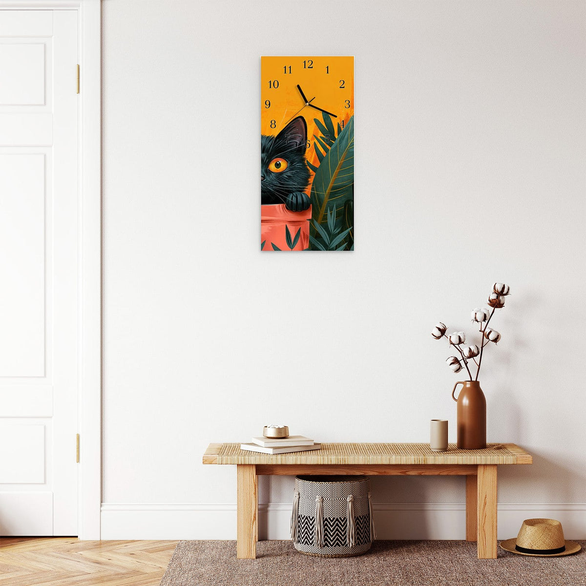 Moderne Wanduhr aus Glas mit Farbtiefe – Wanduhr Katze im Dschungel aus Glas – Hochformat 30 × 60 cm