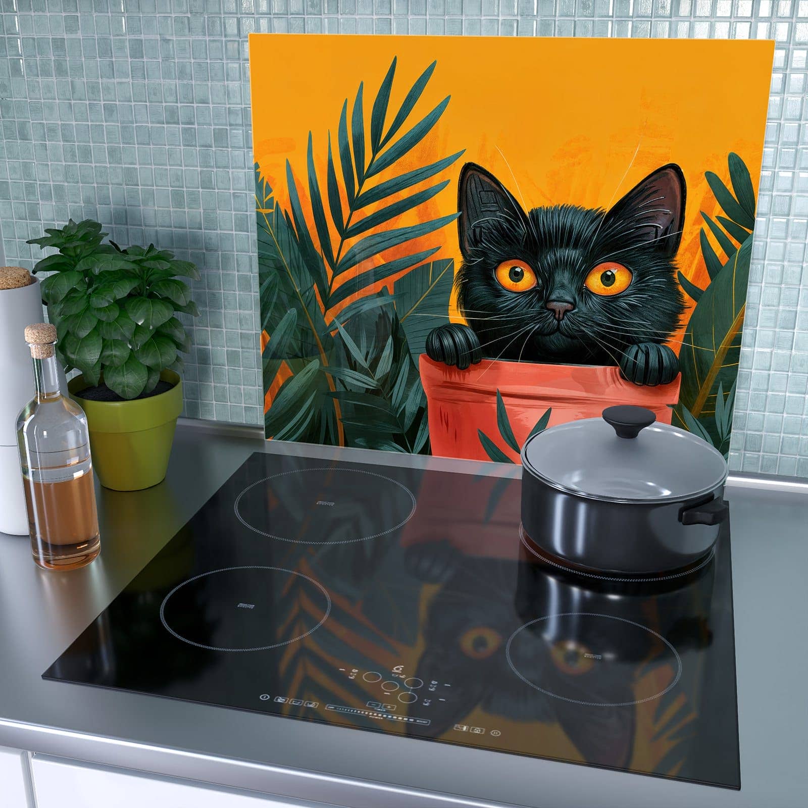 1-teilige Herdabdeckplatte mit Katze im Dschungel-Motiv als Spritzschutz hinter dem Kochfeld