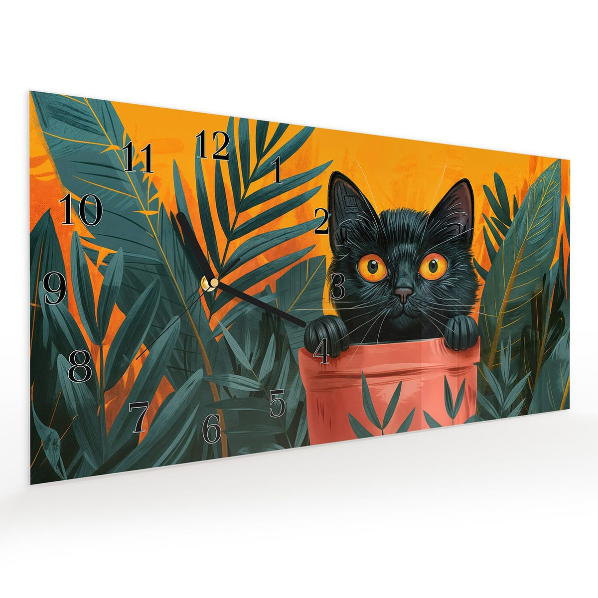 Vormontiert – mit Schwebeeffekt – Wanduhr Katze im Dschungel aus Glas – Querformat 60 × 30 cm