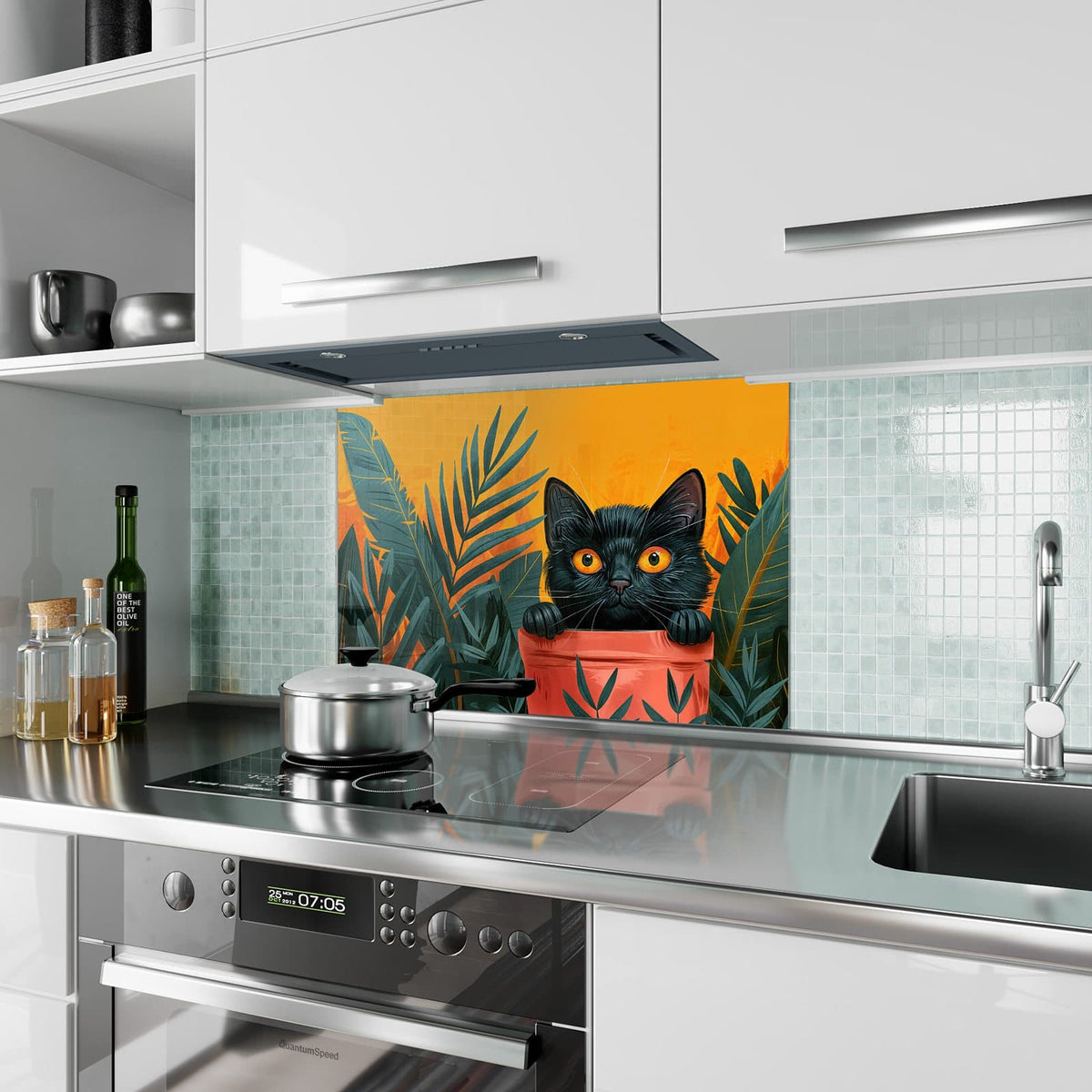 Küchenrückwand aus Glas Katze im Blumentopf im Hochformat als Spritzschutz hinter dem Kochfeld, über dem Fliesenspiegel montiert