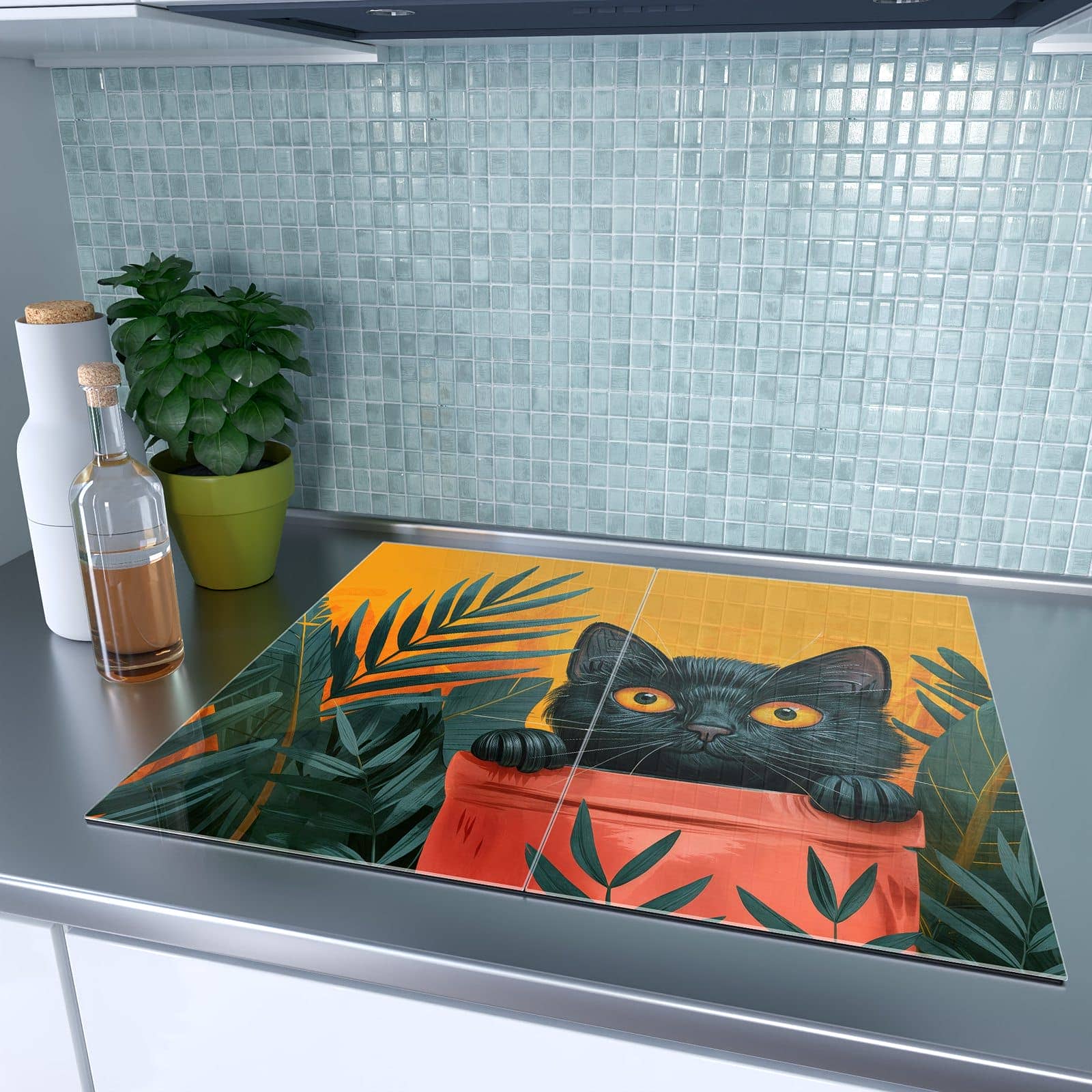 2-teilige Herdabdeckplatten für Ceranfeld mit Katze im Dschungel-Motiv auf dem Ceranfeld