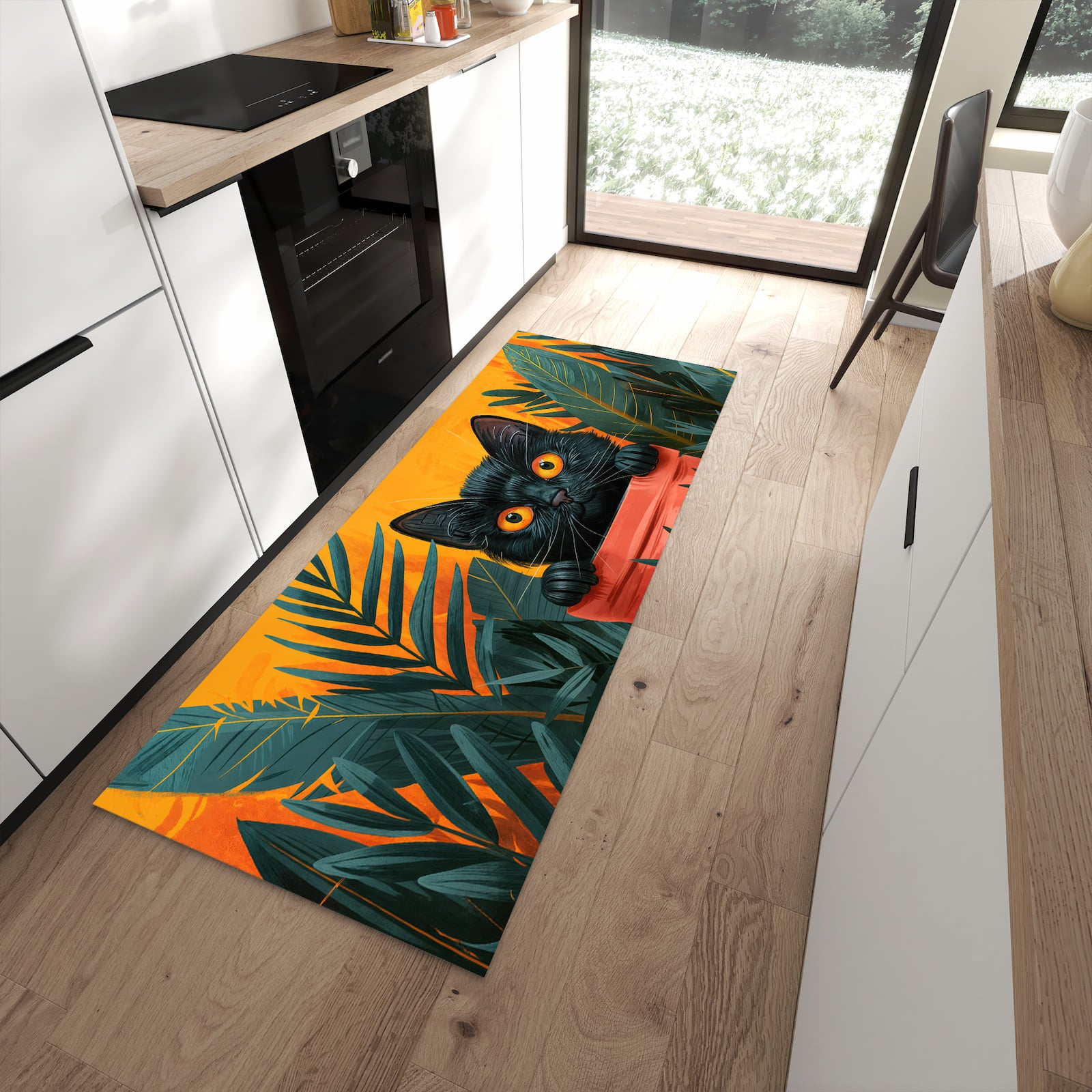 Rutschfester Küchenläufer mit Motiv Katze im Dschungel schützt Böden in moderner Küche